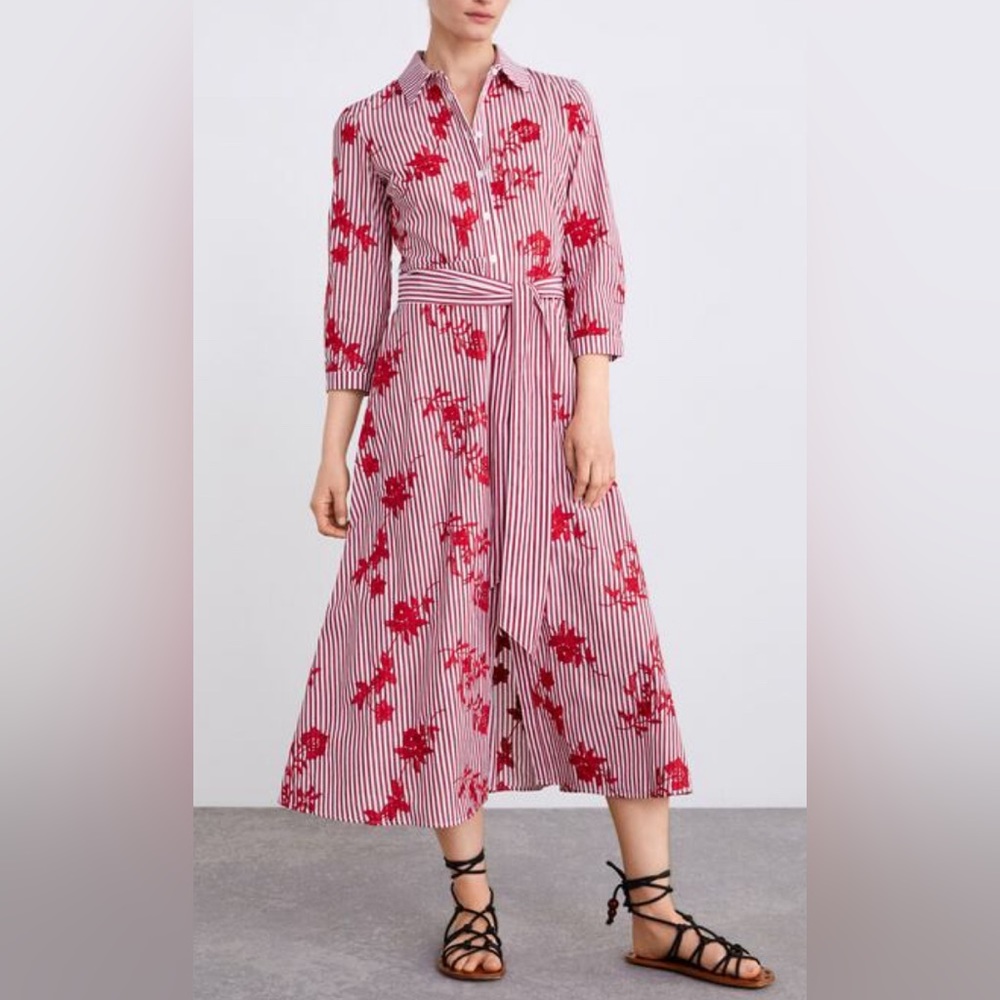 Zara red / white striped, embroidered A-line Midi dress / shirt dress, XL, NWT